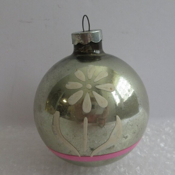 Franke Christmas Ornament Silver Ball White Flower Pink Stripe Vtg Made in USA - Picture 1 of 8